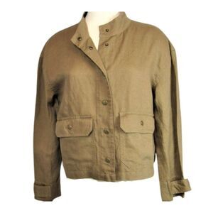 Linen Jacket Stand-Up Madarin Collar Snap Front Snap Pockets Women's Size Sm